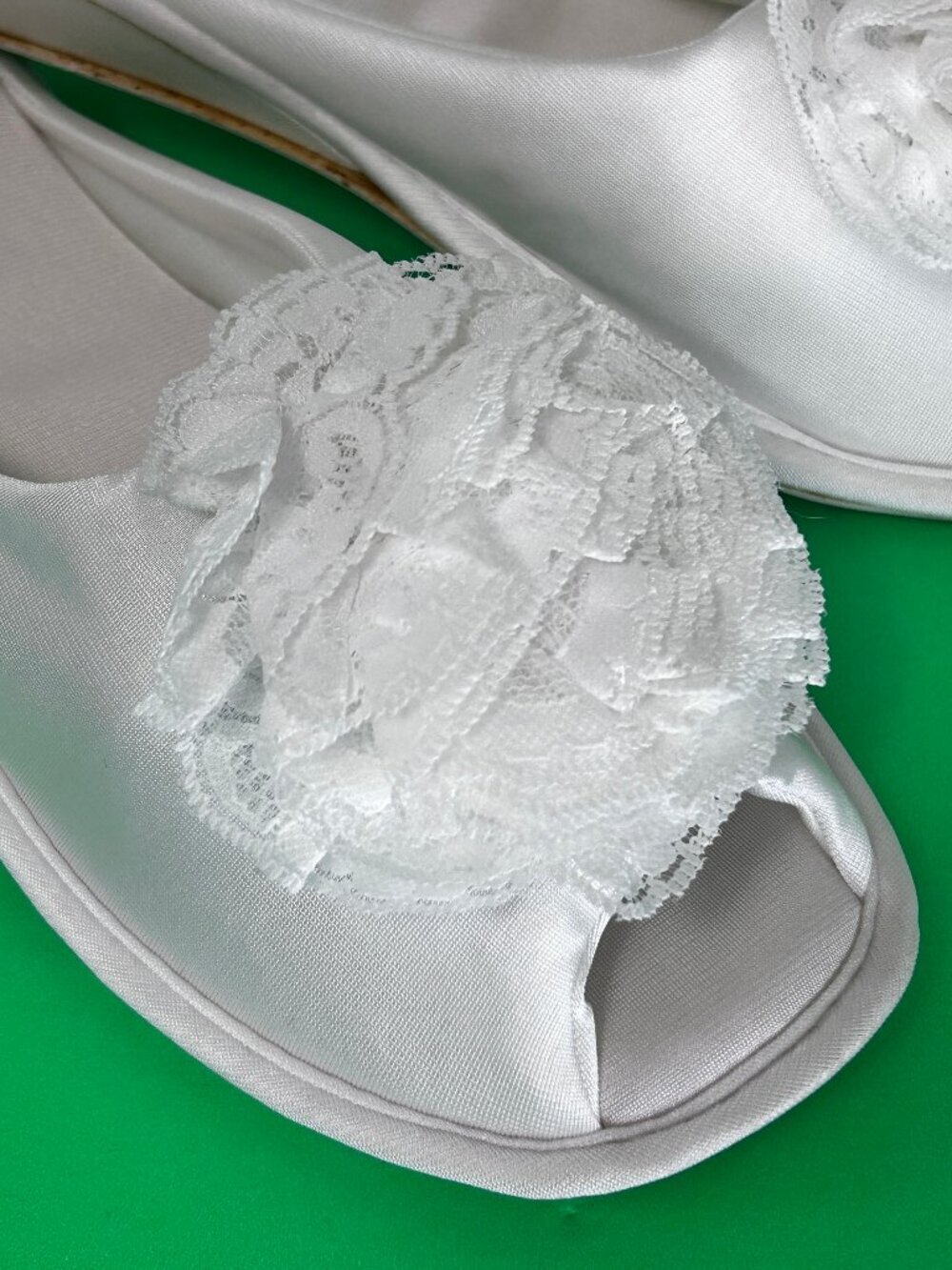 Vintage 70s Vanity Fair Satin Wedge Boudoir Slippers Slides Peep Toe Lace Detail